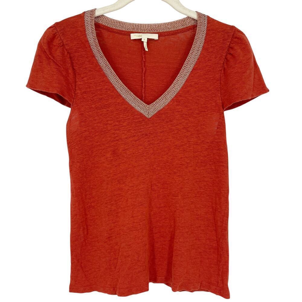 Maje Trocadero Terracotta Linen Short Sleeve Top Metallic Trim Size 2 Medium